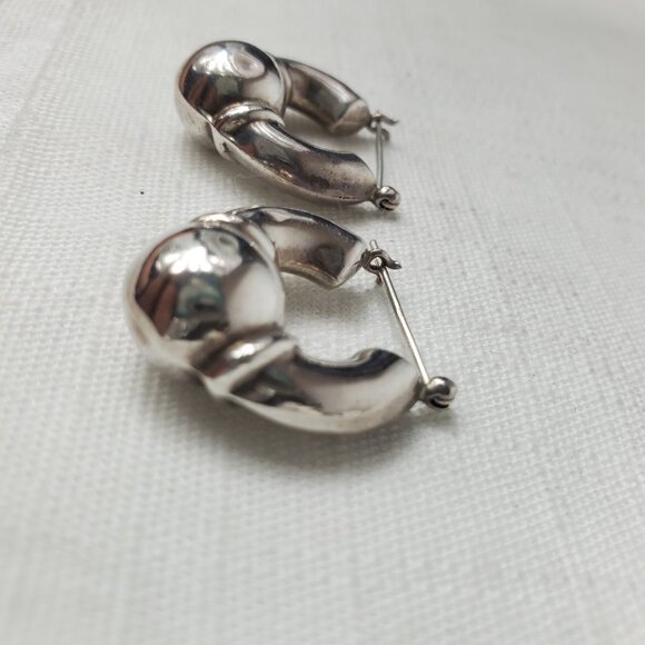 Vintage Chunky Huggie Hoop Hollow Earrings Silver 925 - Picture 3 of 9